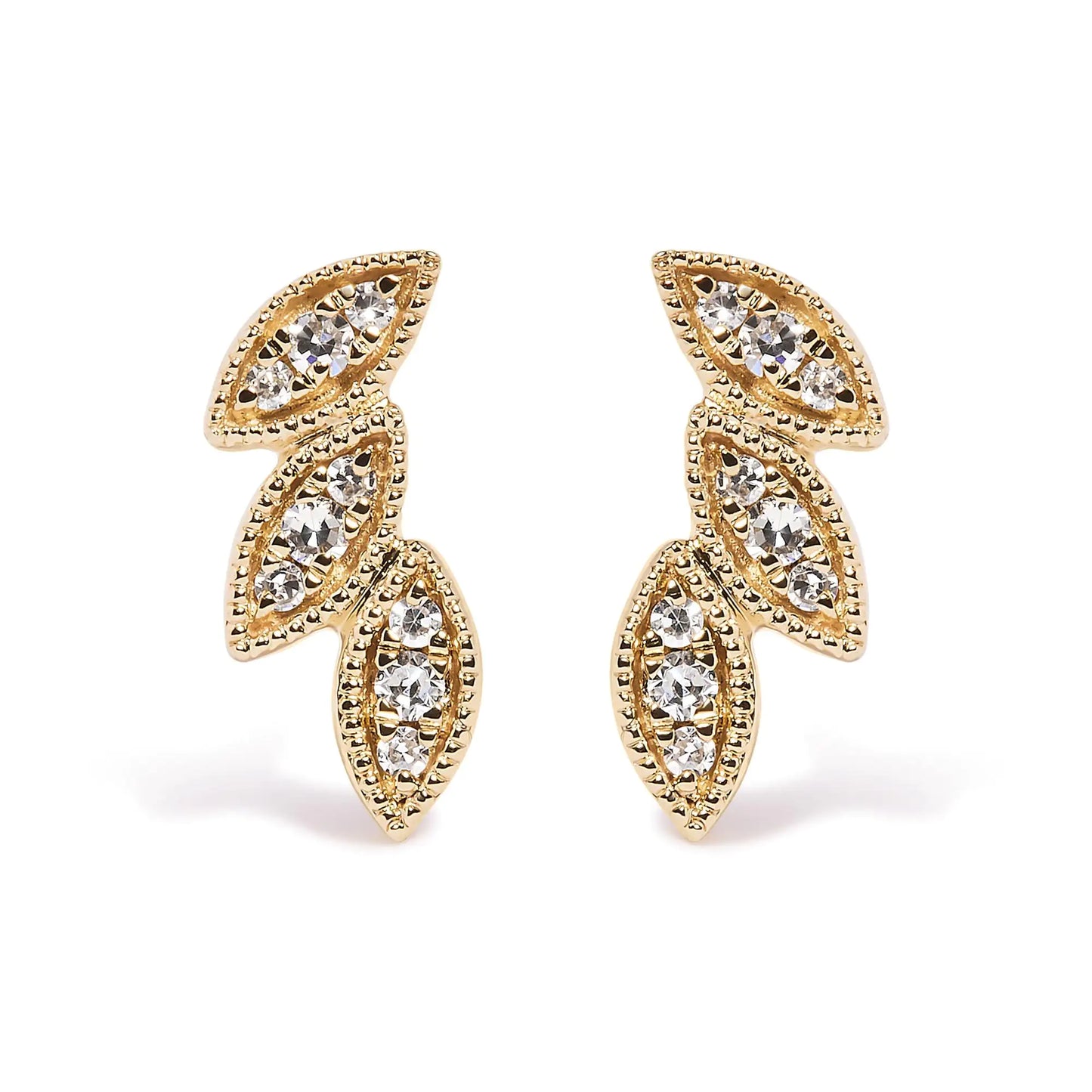 Yellow Gold Diamond Triple-Leaf Stud Earrings