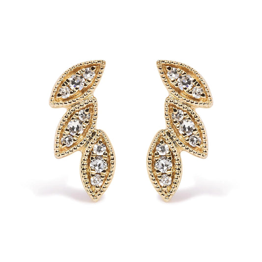 Yellow Gold Diamond Triple-Leaf Stud Earrings