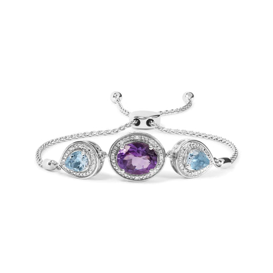 Silver Oval Amethyst and Pear Blue Topaz with Diamond Accent Lariat Bracelet