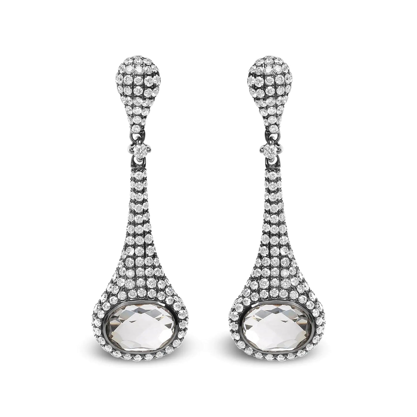 Black-Rhodium-Plated White Gold Round-Cut Diamonds and Oval White Quartz Sculptural Drop-and-Dangle Earrings