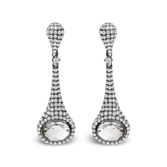 Black-Rhodium-Plated White Gold Round-Cut Diamonds and Oval White Quartz Sculptural Drop-and-Dangle Earrings