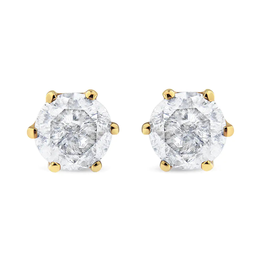 Yellow Gold Round Brilliant-Cut Diamond Six-Prong-Set Solitaire Stud Earrings