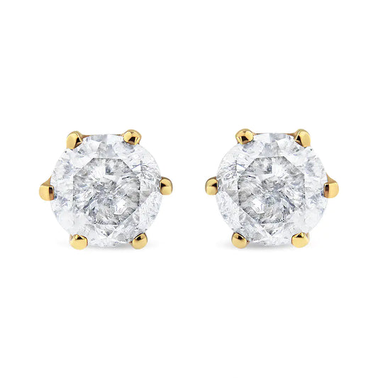 Yellow Gold Round Brilliant-Cut Diamond Six-Prong-Set Solitaire Stud Earrings