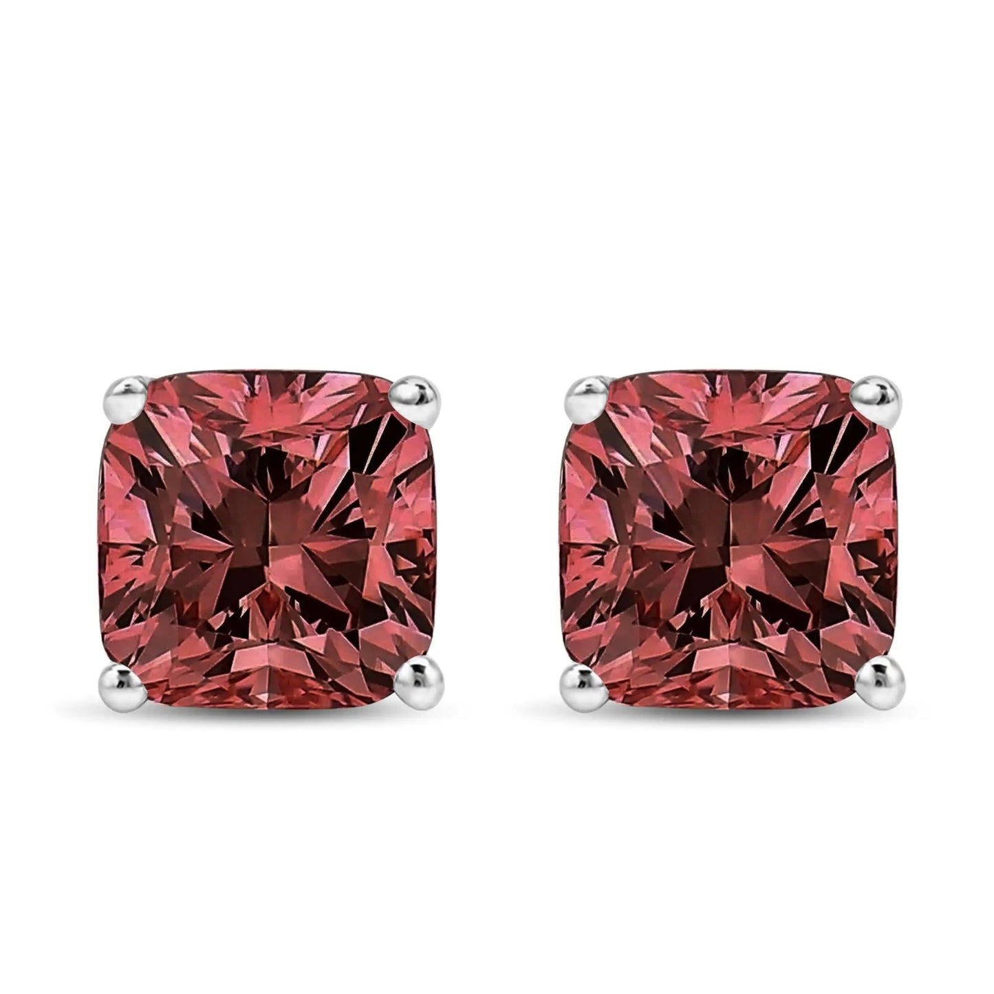 White Gold Lab-Grown Pink Cushion Four-Prong-Set Classic Diamond Solitaire Stud Earrings