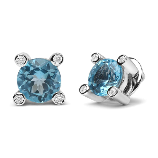 White Gold Round Diamond and Round Sky-Blue Topaz Gemstone Stud Earrings