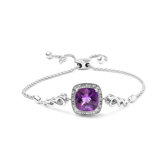 Silver Purple Amethyst and Diamond Accent Lariat Bolo Bracelet