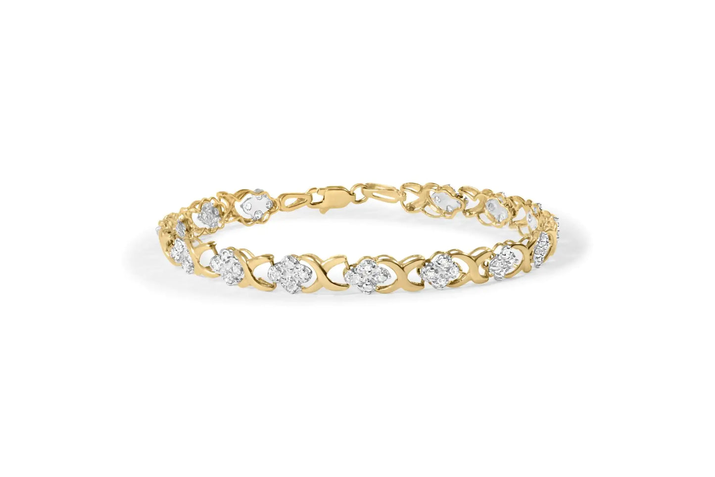 Yellow Gold Diamond Five-Stone Floral Cluster and X-Link Bracelet