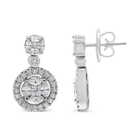 White Gold Round-Shape Diamond Composite Halo Dangle Stud Earrings