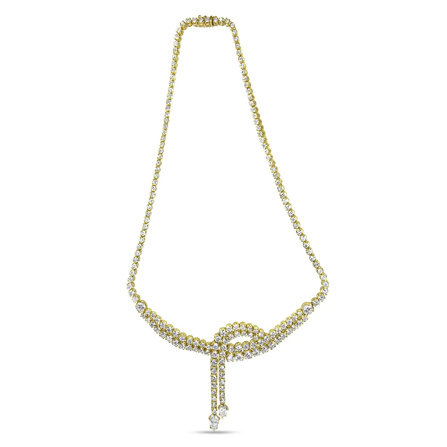 Yellow Gold Diamond Double-Row Lariat Tennis Necklace with Pear Shape Diamond Drop Tips