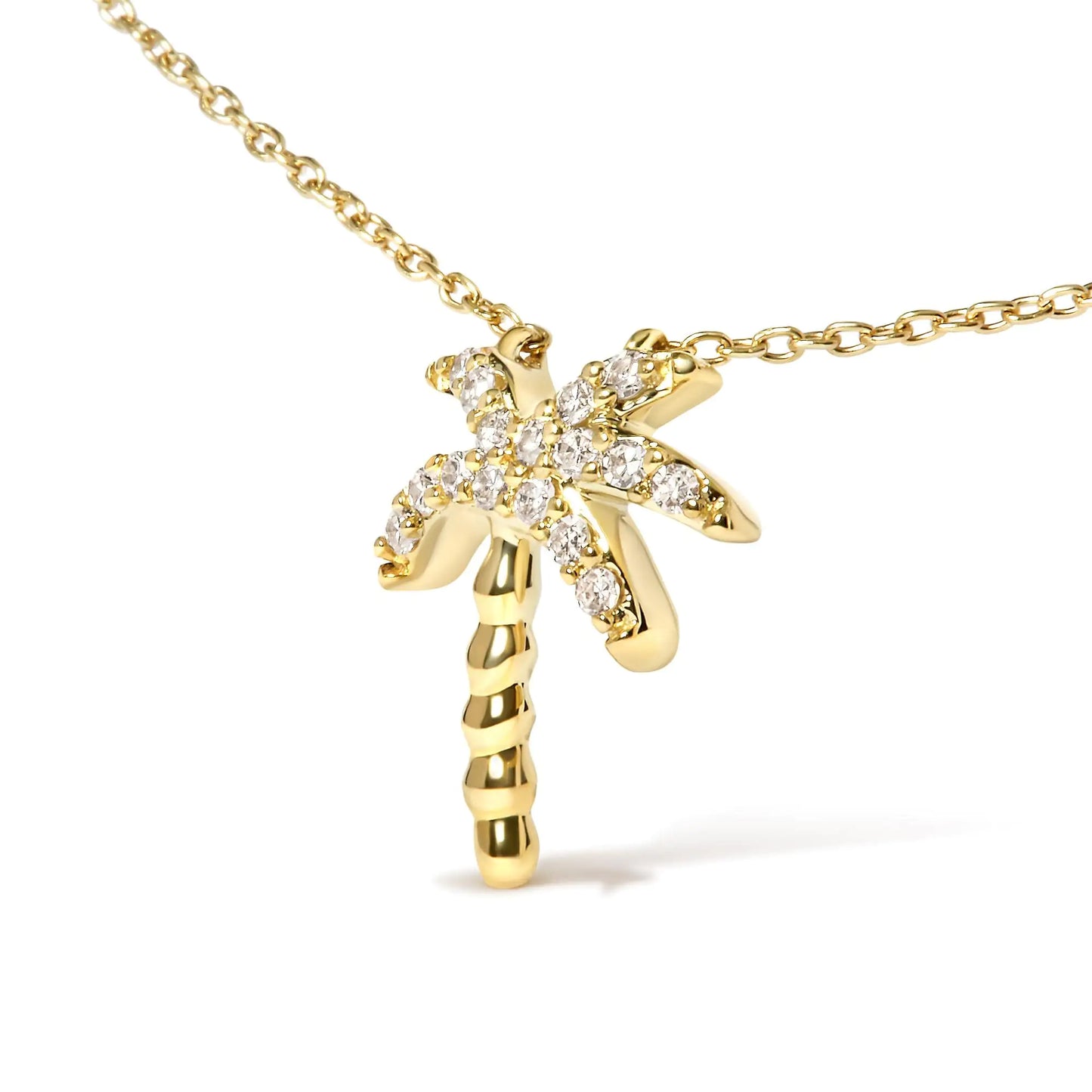 Yellow Gold Round Diamond Palm Tree Pendant Necklace