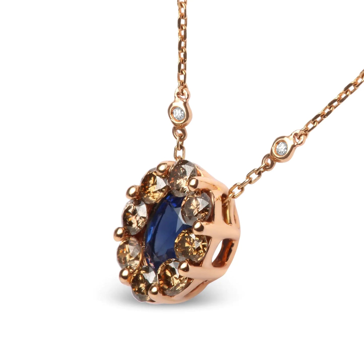 Rose Gold White-and-Brown Diamond Accent and Blue Sapphire Statement Halo-Cluster Pendant Necklace