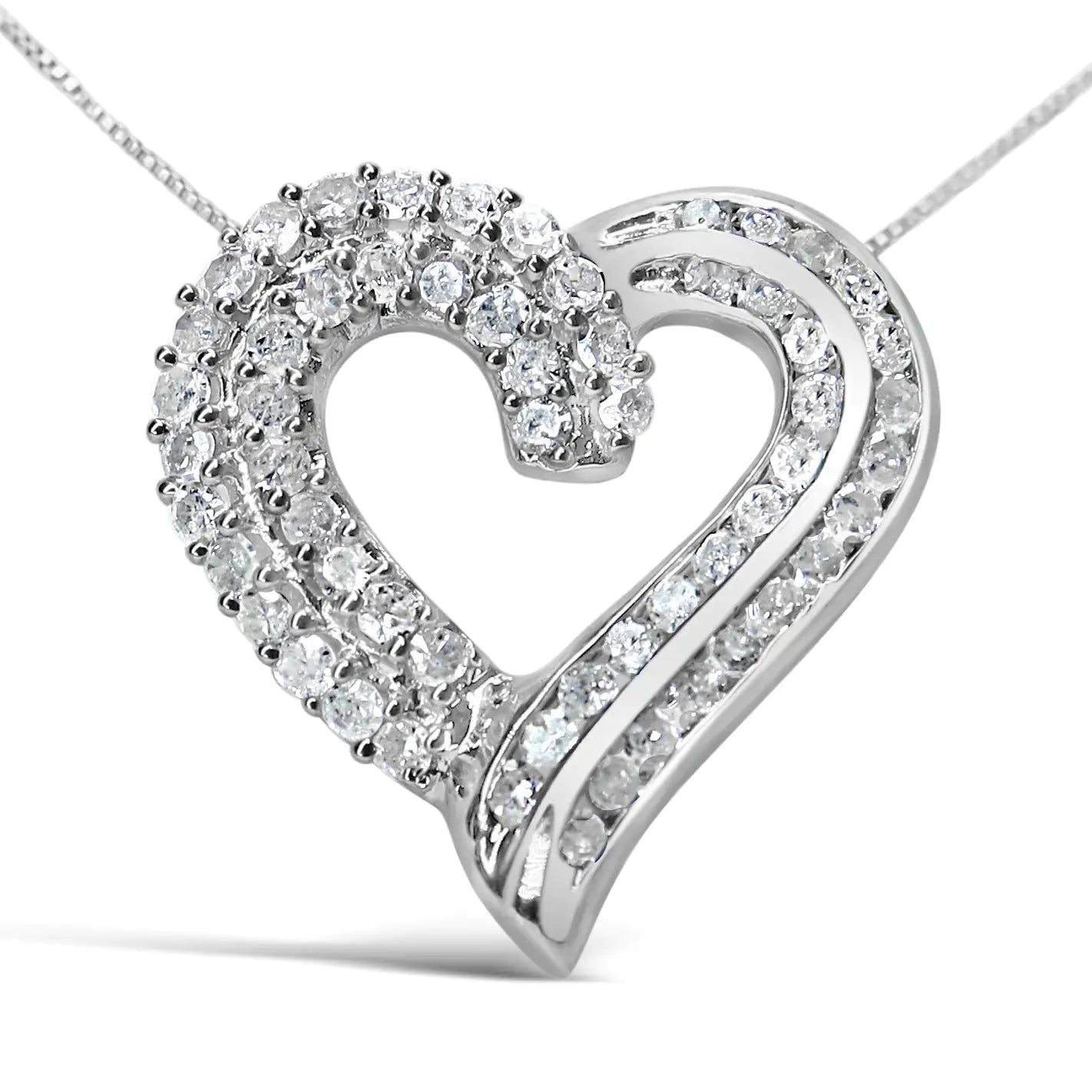 Silver Prong- and Channel-Set Diamond Open-work Ribbon-Heart Pendant Necklace