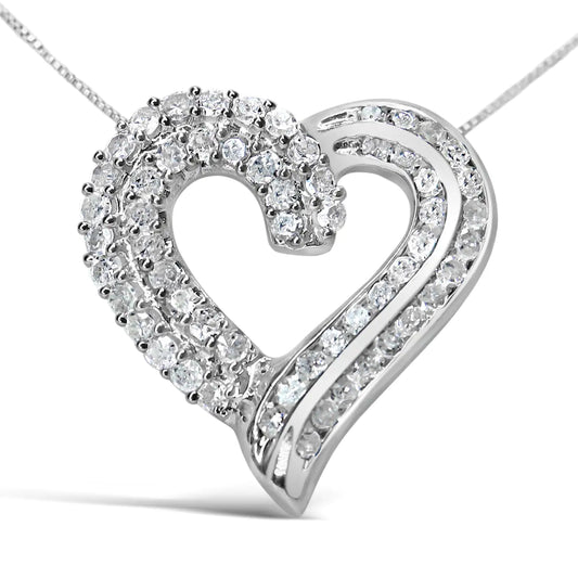 Silver Prong- and Channel-Set Diamond Open-work Ribbon-Heart Pendant Necklace