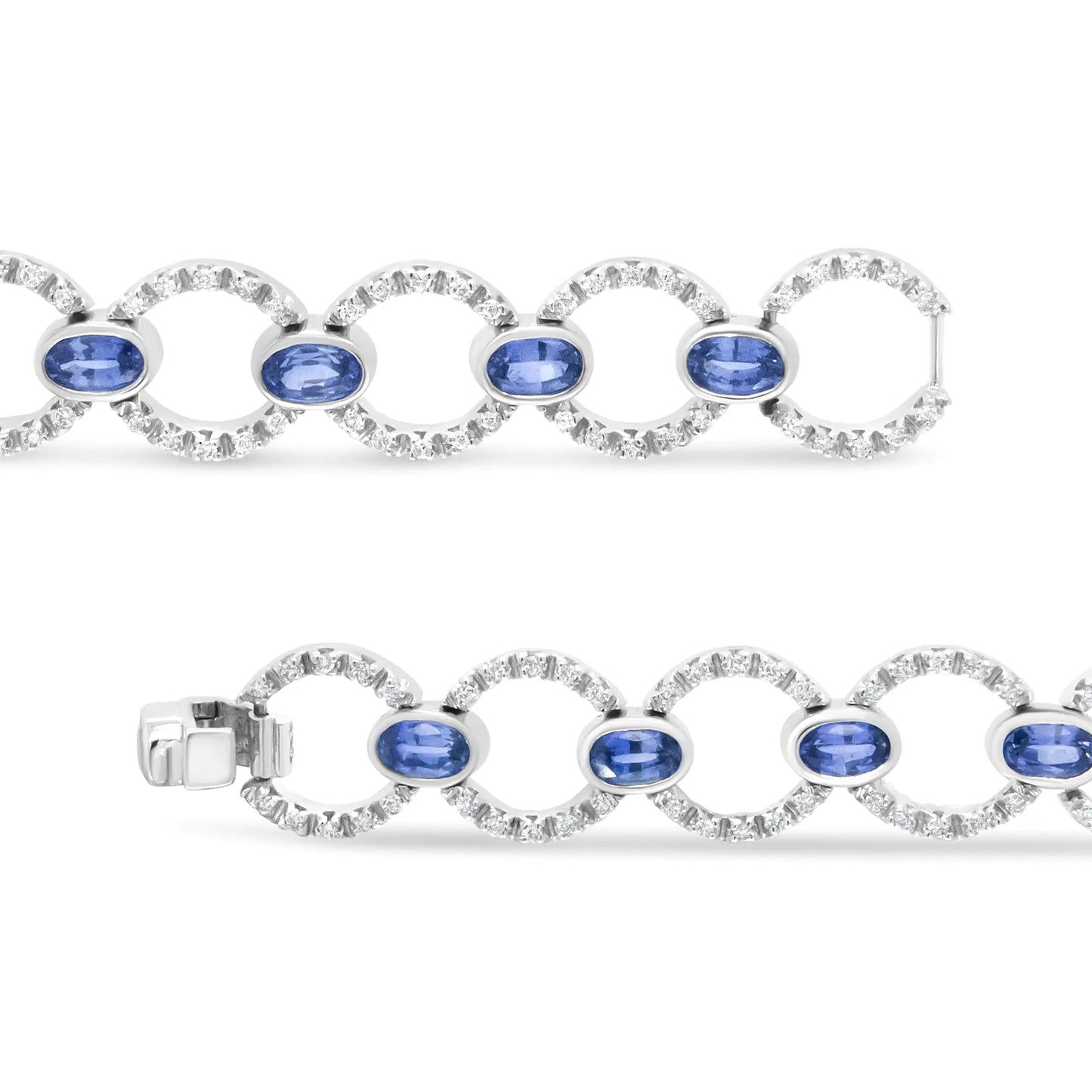 White Gold Diamond and Oval Blue Sapphire Openwork Circle Link Bracelet