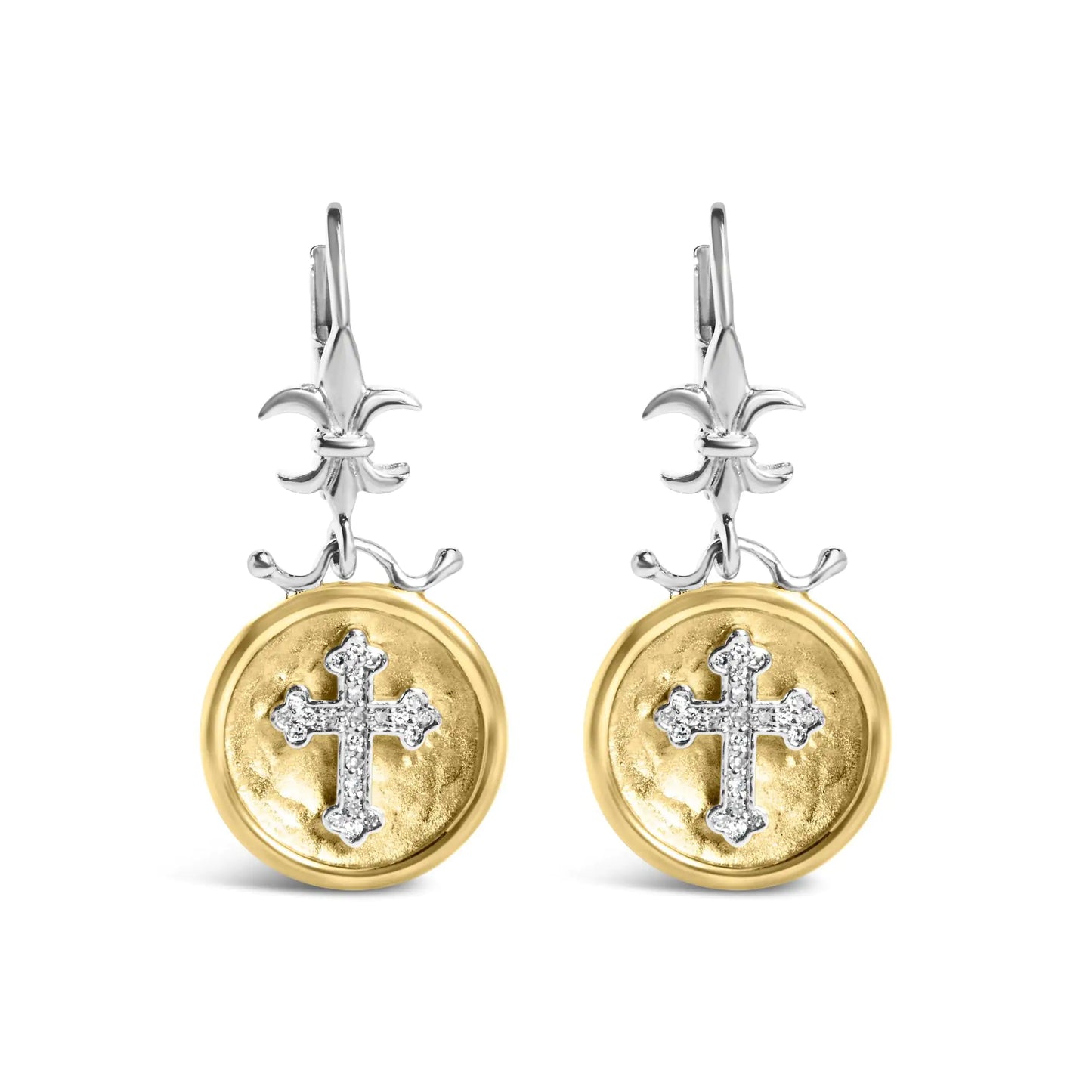 Yellow Gold Vermeil Silver Diamond Hammered Finished Medallion-on-Cross Drop-and-Dangle Earrings