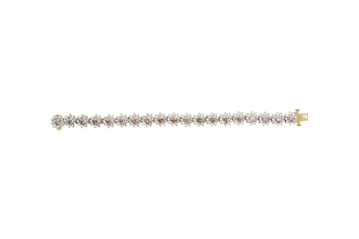 Yellow Gold Champagne Diamond Floral-Cluster Halo-Link Bracelet