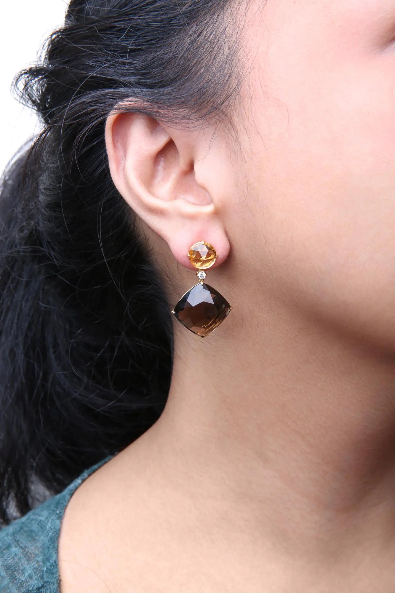 Yellow Gold Diamond with Citrine and Smoky Quartz Dangle Earrings