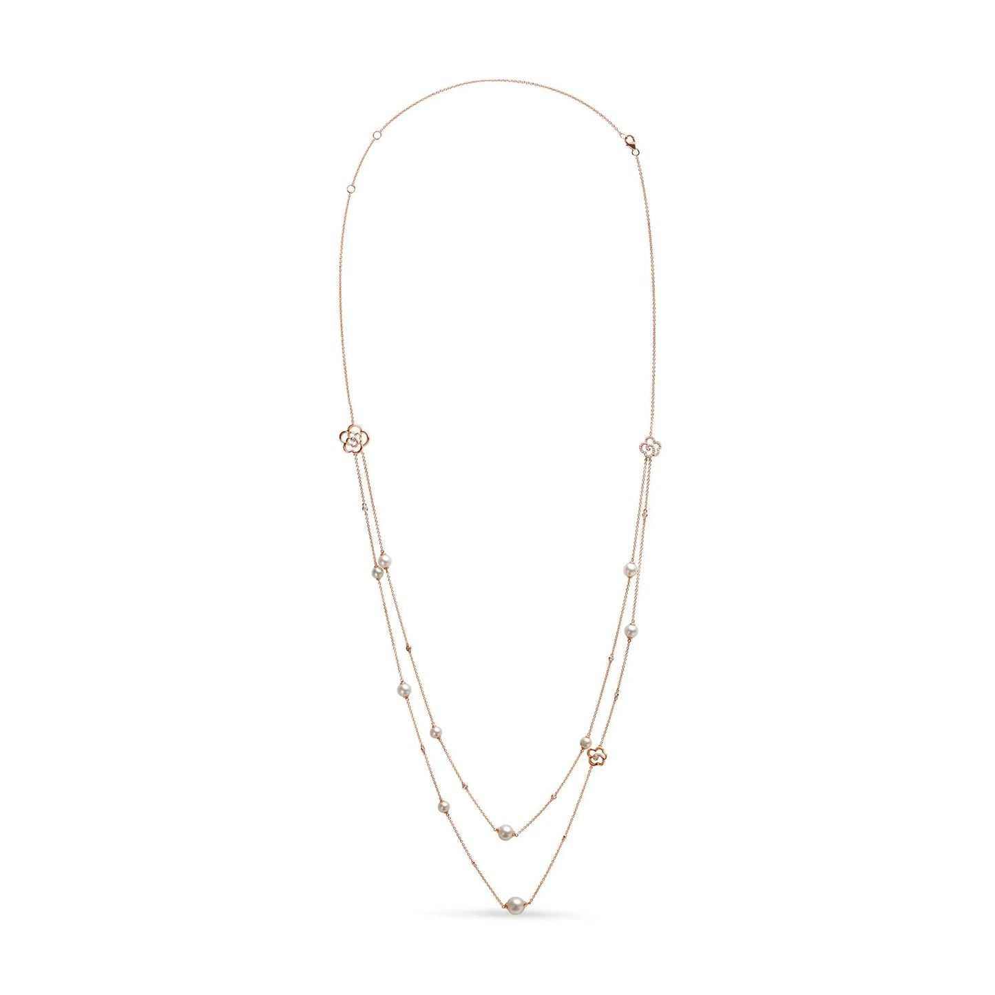 Rose Gold Diamond and Freshwater Pearl Double-Strand Station Necklace