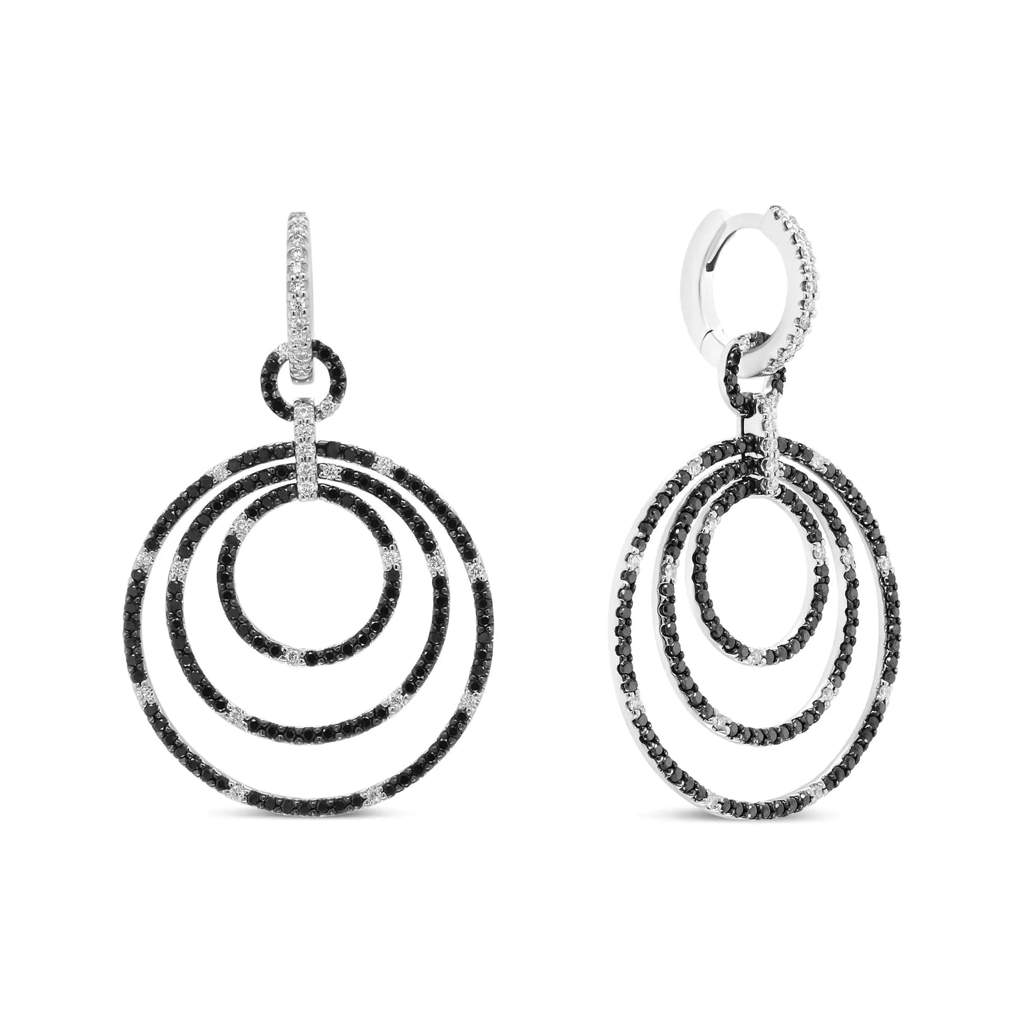 White Gold Round Black-and-White Diamond Graduated Hoop Dangle Earrings