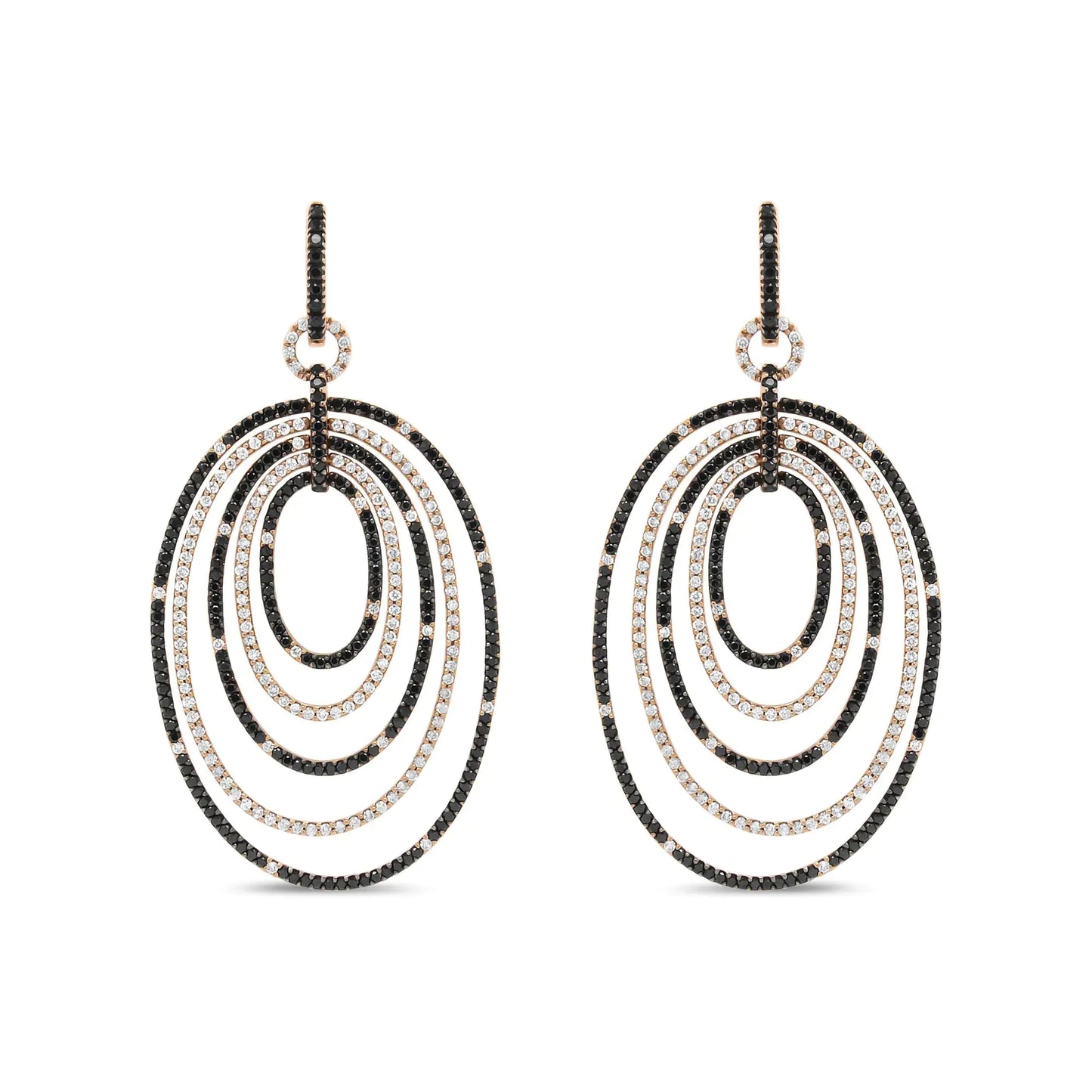 Rose Gold Round Black-and-White Diamond Graduated Hoop Dangle Earrings