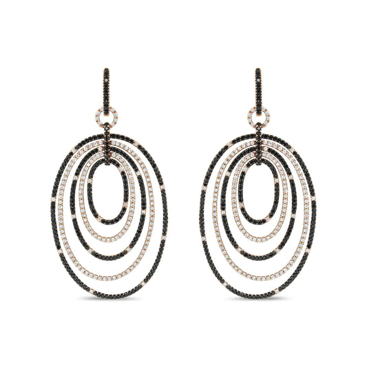 Rose Gold Round Black-and-White Diamond Graduated Hoop Dangle Earrings