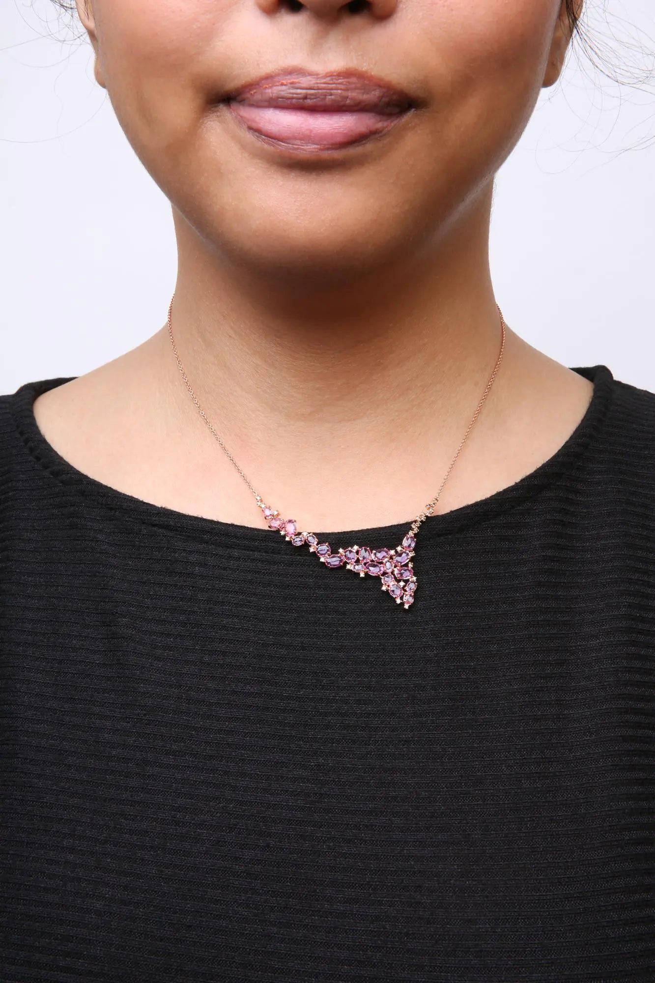 Rose Gold Brown Diamond and Oval Pink Sapphire Cluster-Cascade-Statement-Station Necklace