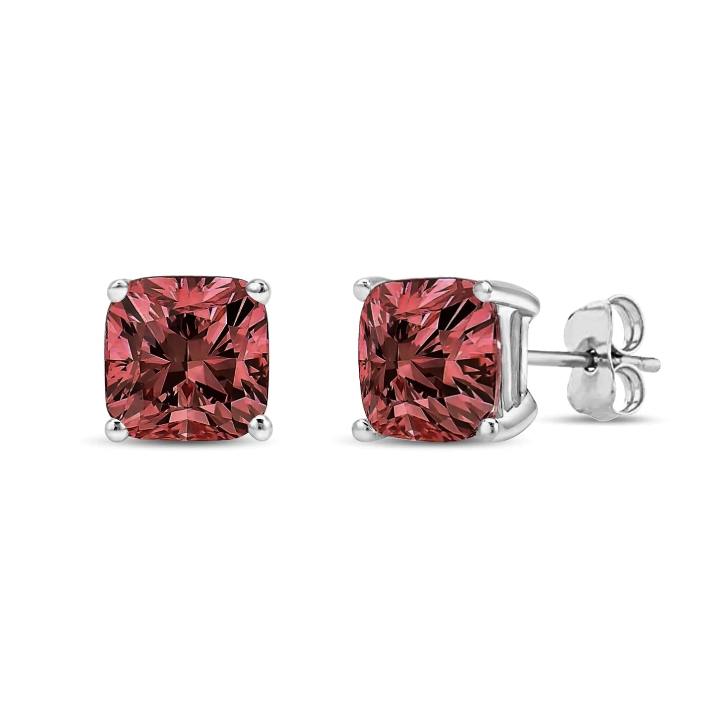 White Gold Lab-Grown Pink Cushion Four-Prong-Set Classic Diamond Solitaire Stud Earrings