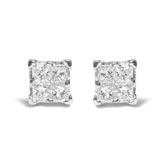 Silver Invisible-Set Princess Diamond Composite Quad Stud Earrings