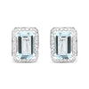 White Gold Round Diamond and Emerald-Cut Blue Aquamarine Halo Omega Stud Earrings