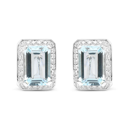 White Gold Round Diamond and Emerald-Cut Blue Aquamarine Halo Omega Stud Earrings