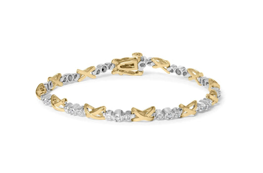 White-and-Yellow Gold Alternating Diamond Three-Stone-and-X-Link Bracelet