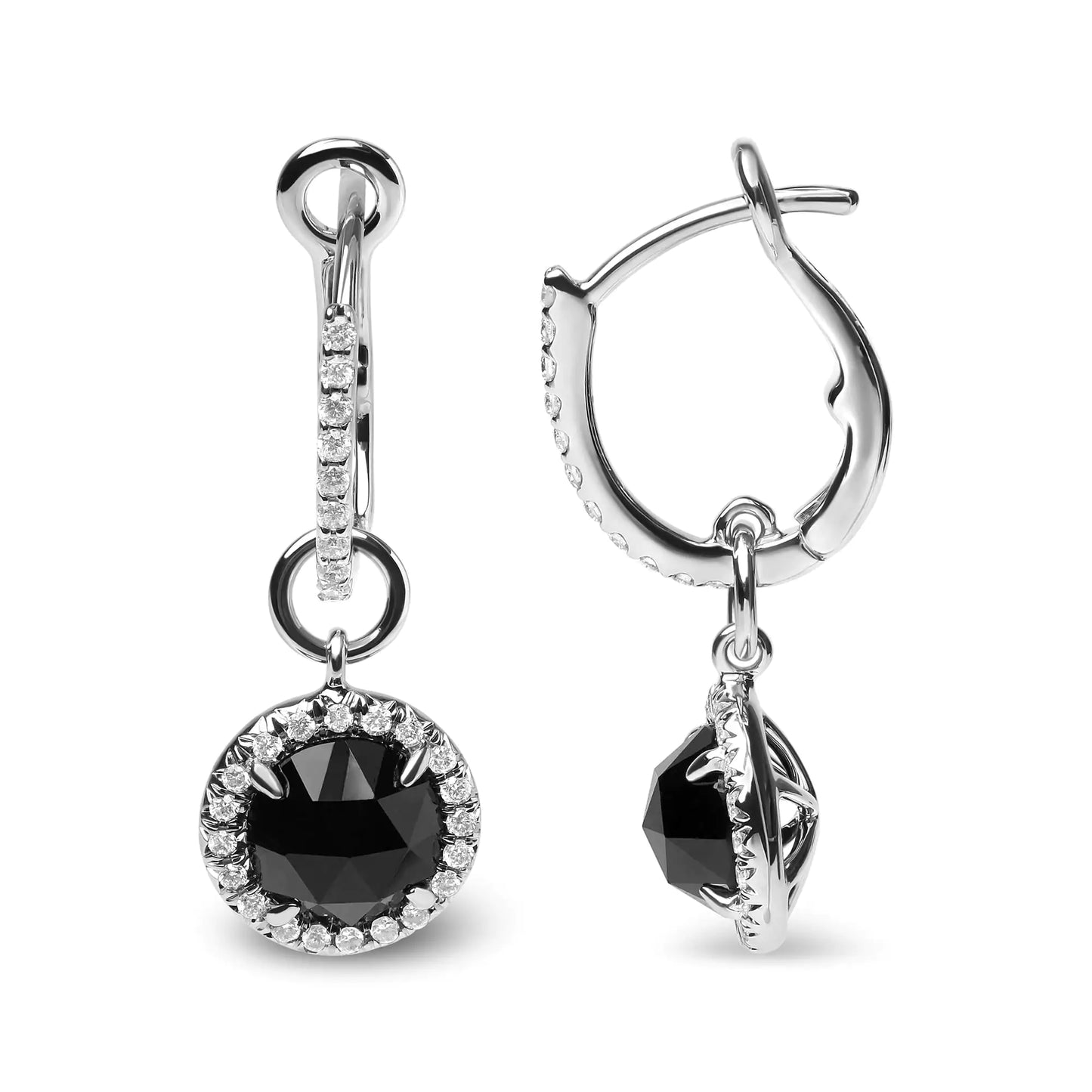 White Gold Diamond and Round Black Onyx Gemstone Halo Dangle Hoop Earrings