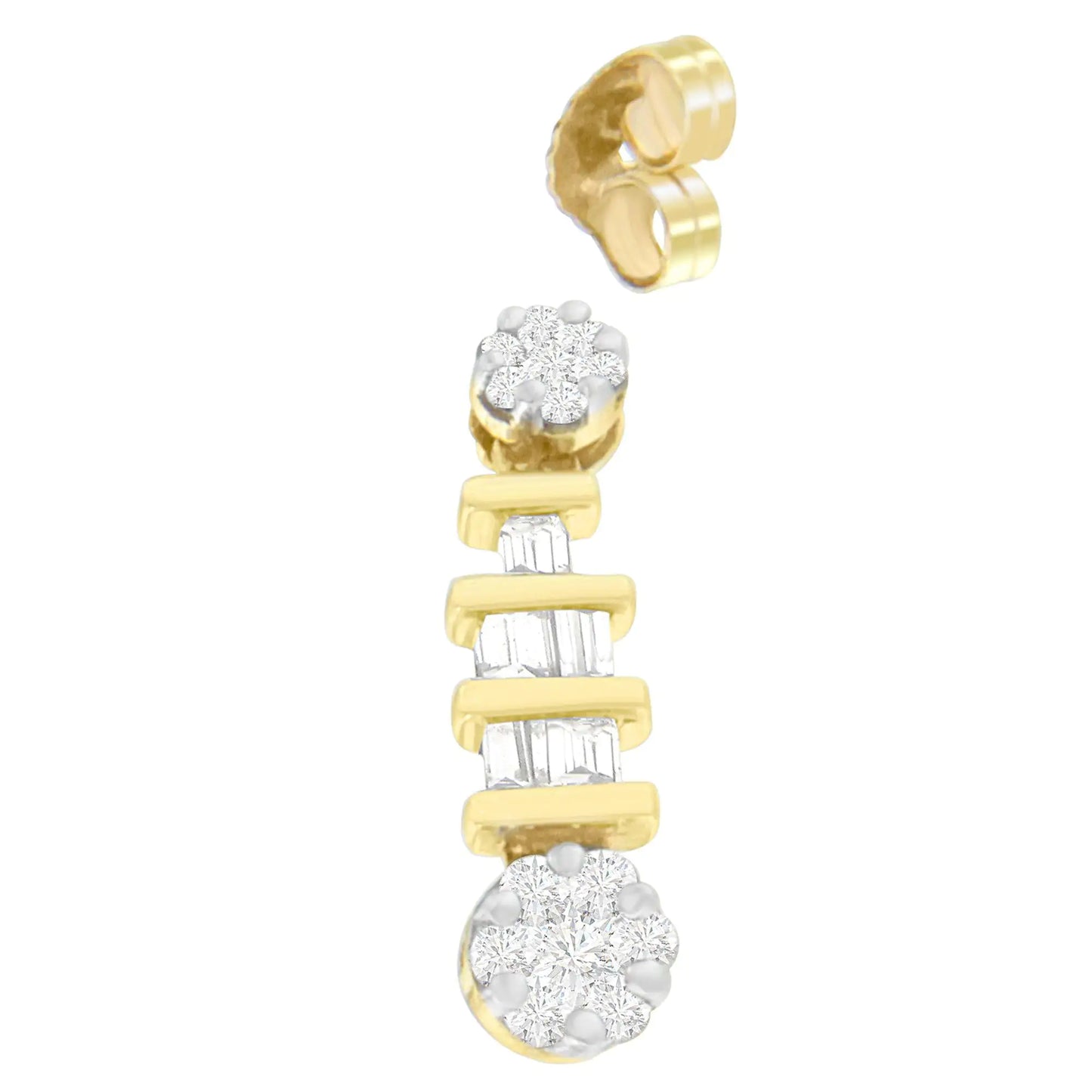 Yellow Gold Round-Cut and Baguette-Cut Diamond Earrings