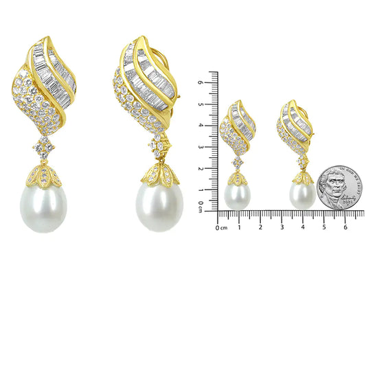 Yellow Gold Baguette-and-Round Diamond South-Sea Pearl Drop Dangle Earrings