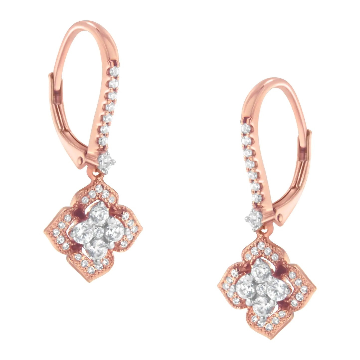 Rose Gold Diamond Flower Drop-Dangle Earrings