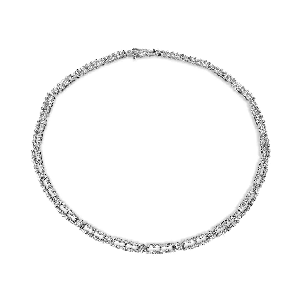 White Gold Diamond Alternating Bar and Floral-Cluster Link Necklace