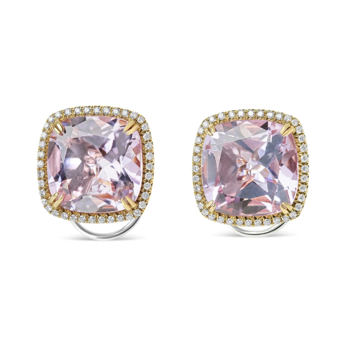 Rose-and-White Gold Round Diamond and Cushion-Cut Rose-de-France Pink Amethyst Clip-On Stud Earrings