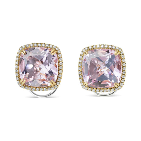 Rose-and-White Gold Round Diamond and Cushion-Cut Rose-de-France Pink Amethyst Clip-On Stud Earrings