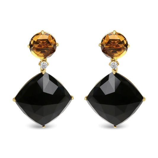 Yellow Gold Diamond with Citrine and Black Onyx Dangle Earrings