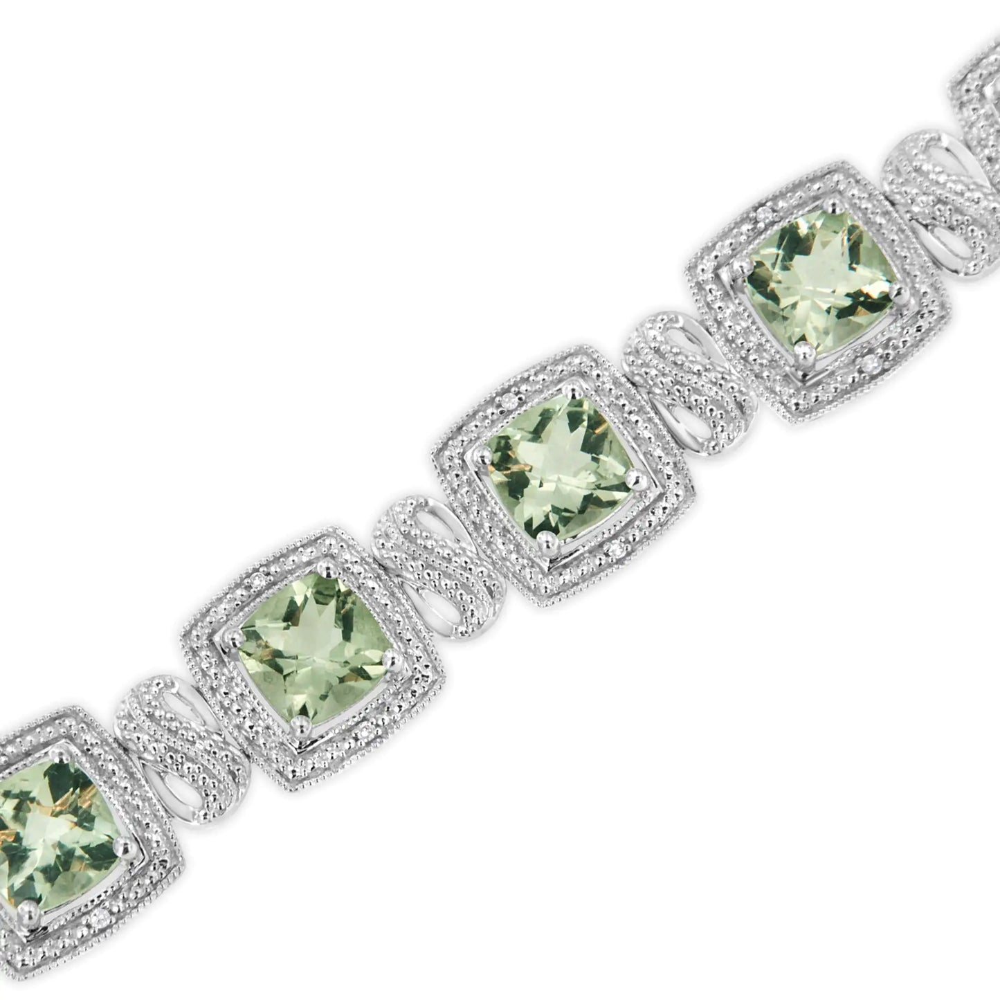 Silver Cushion-Cut Green Amethyst and Single-Cut Diamond Square-Shape Tennis Bracelet