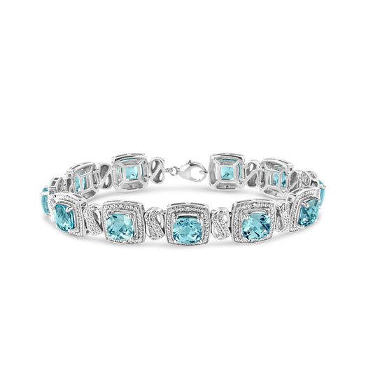 Silver Blue Topaz and Diamond Square-Shape Tennis Bracelet