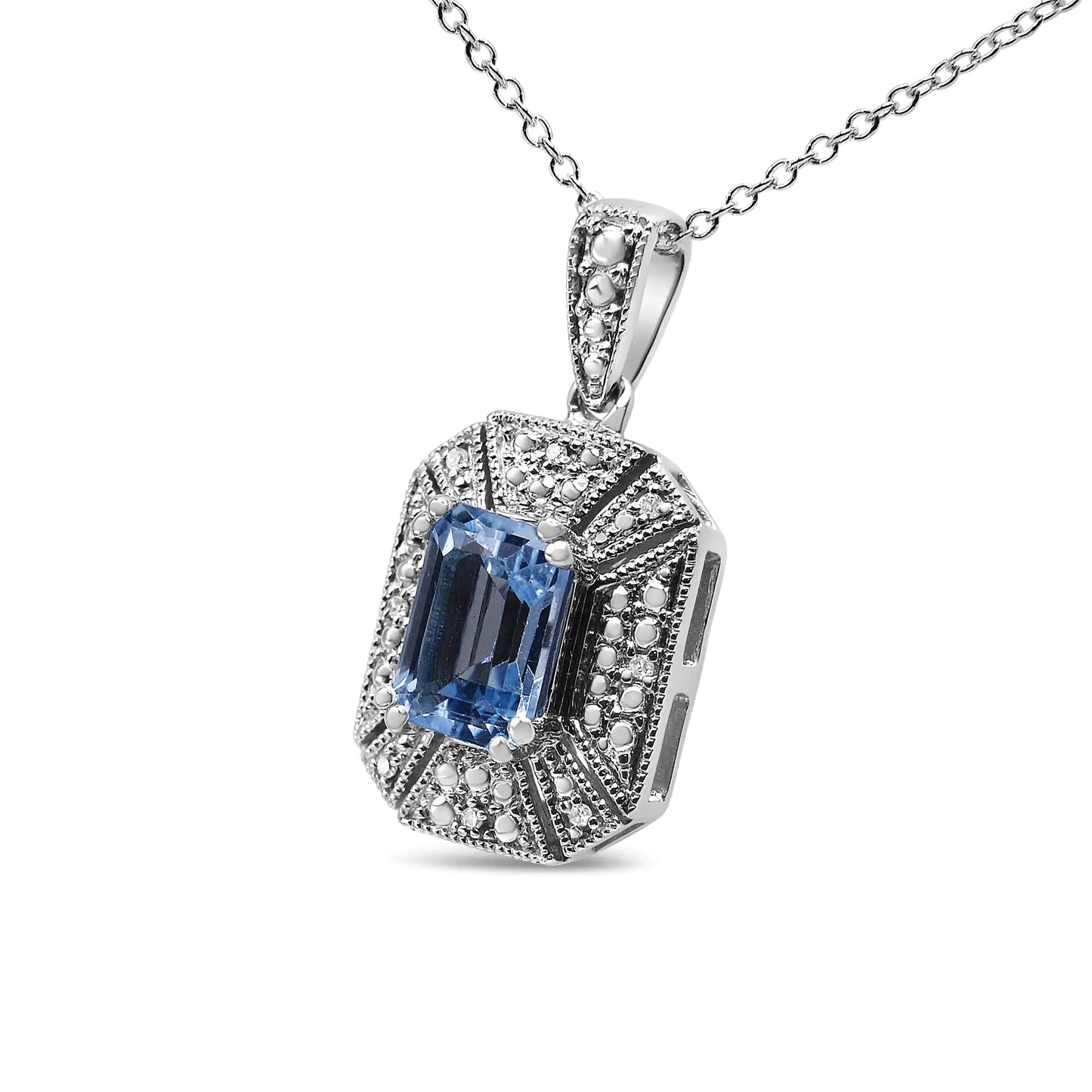 Silver Blue Topaz and Diamond Accent Art-Deco-Style Pendant Necklace