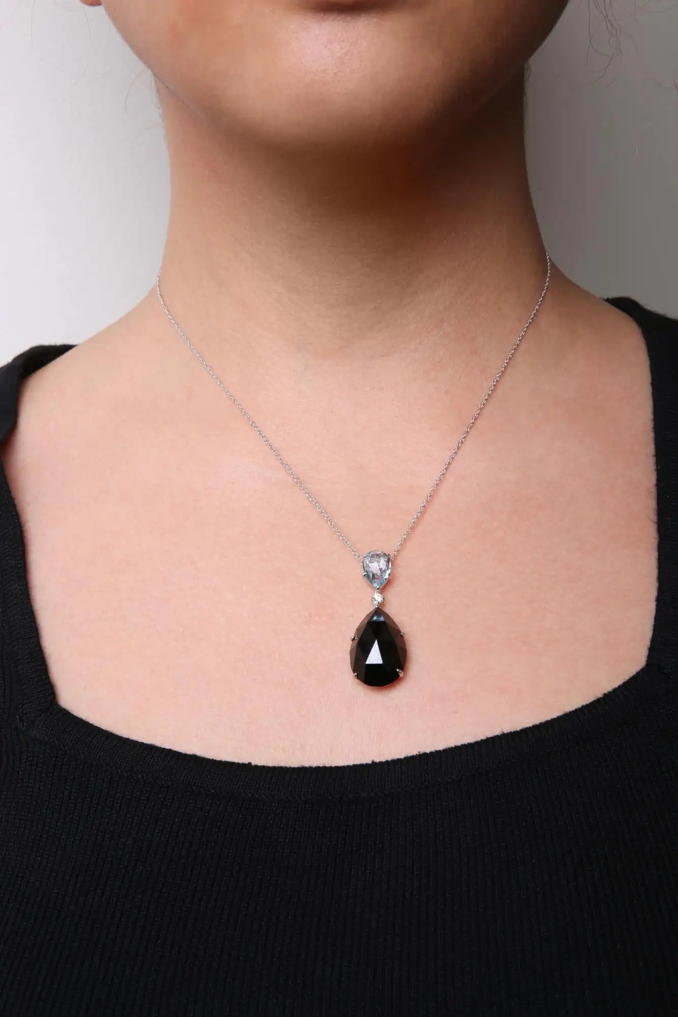 Rhodium-Plated White Gold Diamond Accent and Pear-Cut Sky-Blue Topaz and Pear-Cut Black Onyx Dangle-Drop Pendant Necklace