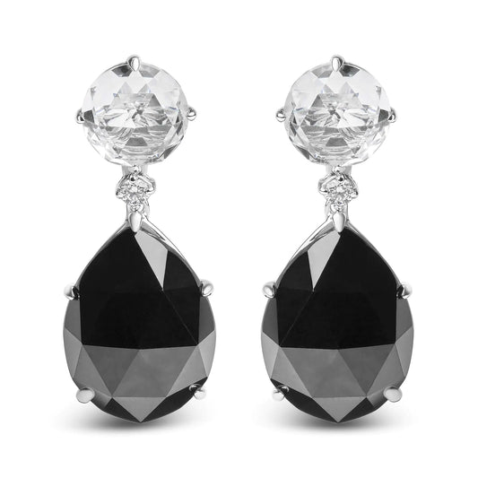 White Gold Diamond with Round White Topaz and Pear-Cut Black Onyx Dangle Earrings