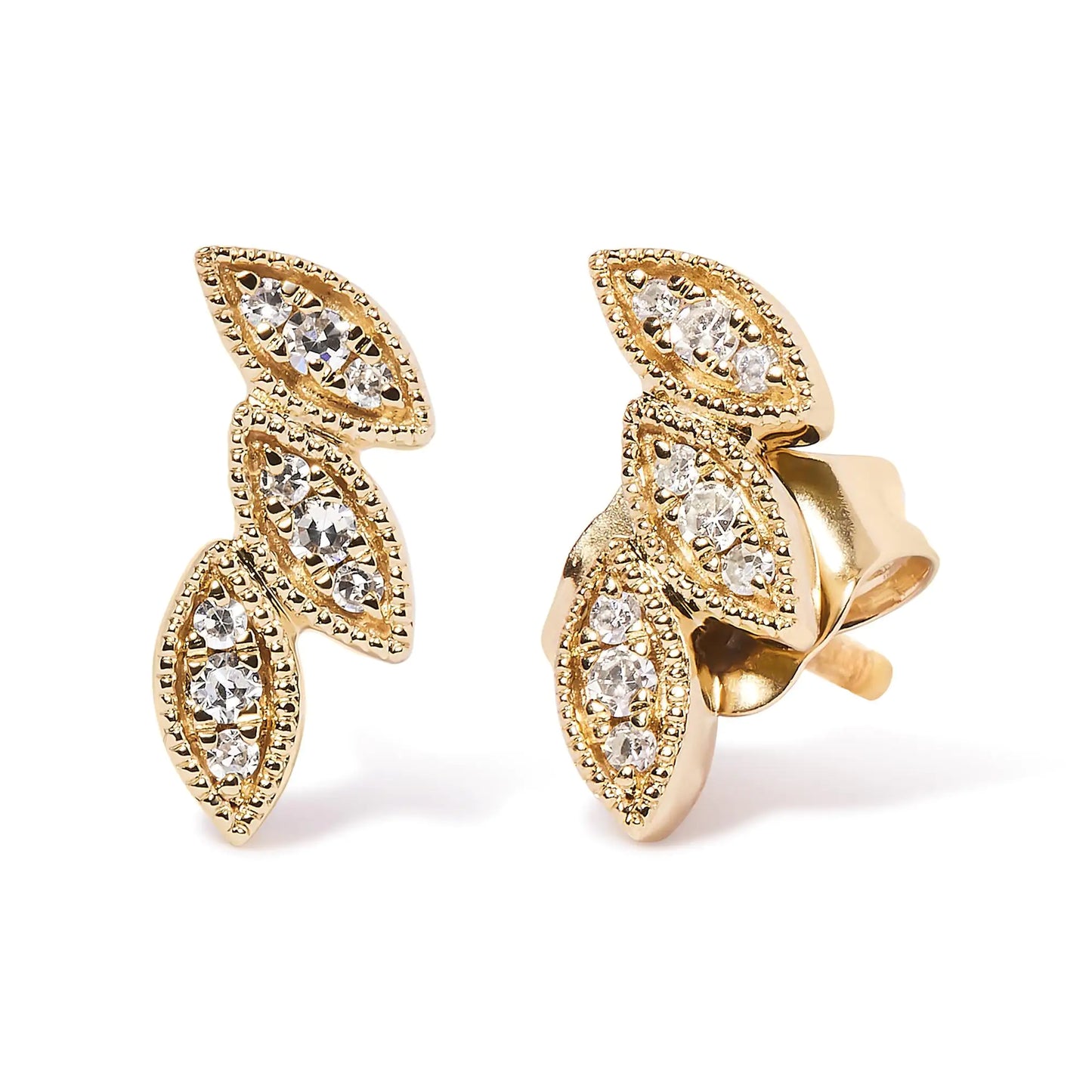 Yellow Gold Diamond Triple-Leaf Stud Earrings