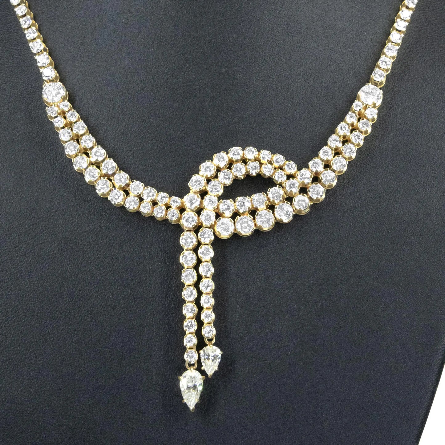 Yellow Gold Diamond Double-Row Lariat Tennis Necklace with Pear Shape Diamond Drop Tips