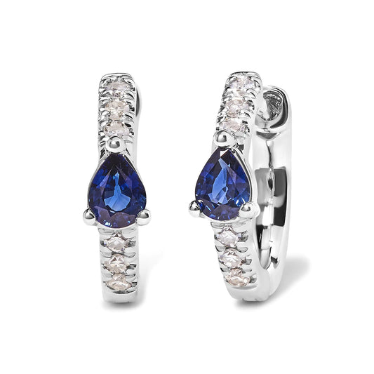 White Gold Pear Shaped Blue Sapphire and Diamond Huggy Hoop Earrings