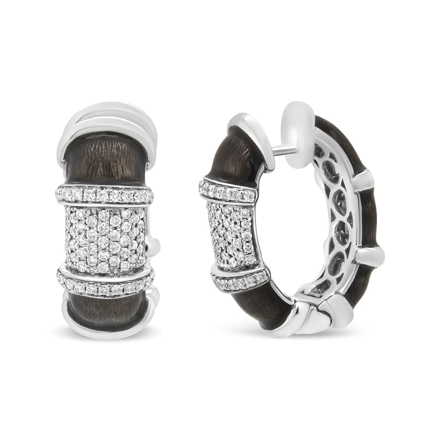 White Gold Flash-Plated Silver Clear Graphite Grey Enamel Round Diamonds Huggie Hoop Earrings