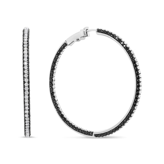 White Gold Round Black-and-White Diamond Inside-Outside Hoop Earrings