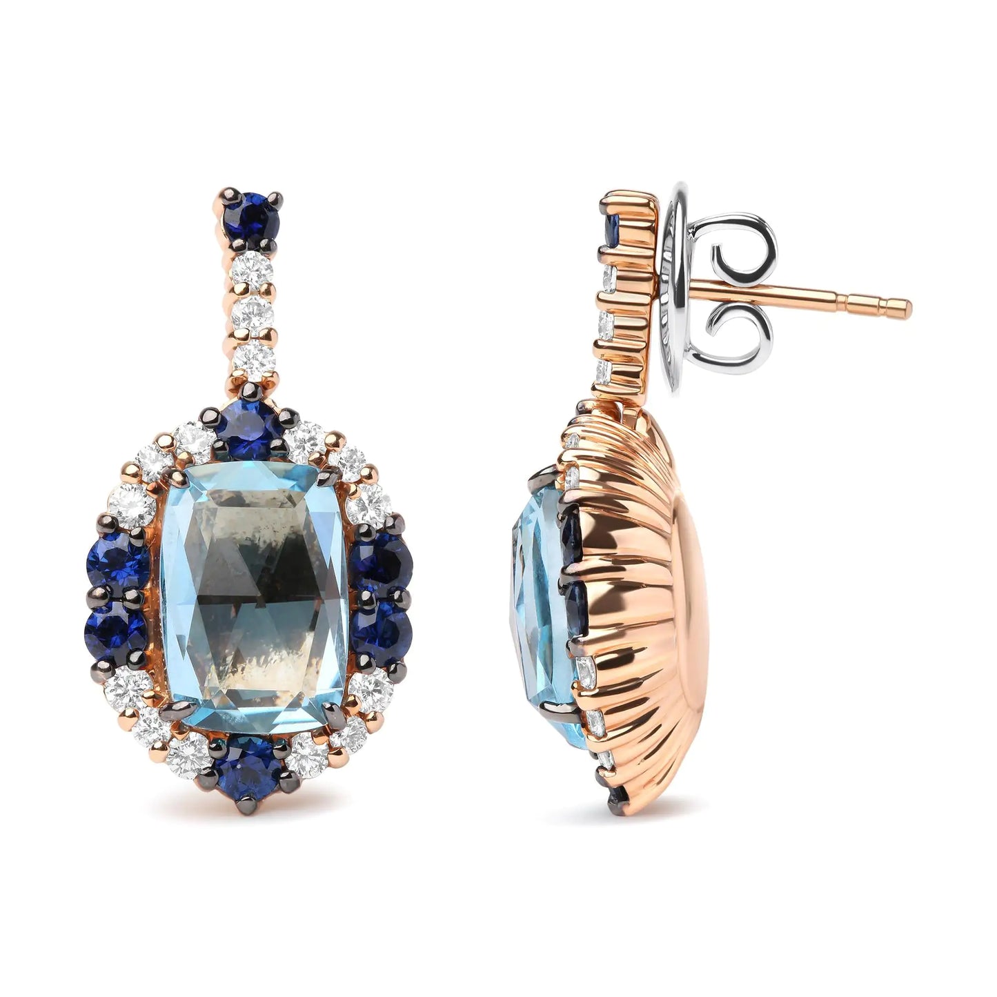 White-and-Rose Gold Diamond with Round Blue Sapphire and Cushion-Cut Topaz Gemstone Cluster Dangle Earrings